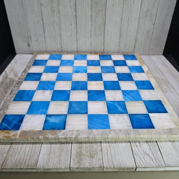 Vtg Aqua Blue White Marble Chess Board Carved Pieces Complete Set 13.5" x 13.5" - Picture 11 of 15